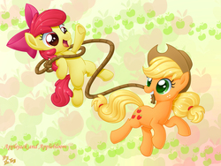 Size: 3523x2650 | Tagged: safe, artist:lordyanyu, apple bloom, applejack, earth pony, pony, g4, adorabloom, applebetes, cute, female, filly, foal, high res, jackabetes, mare, rope