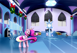 Size: 2267x1573 | Tagged: safe, artist:nadnerbd, octavia melody, princess cadance, alicorn, earth pony, pony, g4, beautiful, butt, christmas, christmas lights, crown, crystal, crystal empire, detailed background, duo, eyes closed, fanfic art, female, folded wings, holiday, jewelry, long tail, lovebutt, mare, night, peytral, plot, reflection, regalia, scenery, scenery porn, schedule, sitting, slender, stairs, tail, thin, train, train station, wings, wreath