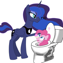 Size: 1000x1000 | Tagged: safe, artist:thatponywithgoggles, pinkie pie, princess luna, g4, cupcake, down the drain, duo, flush, flushing, imminent flush, implied flushed away, toilet