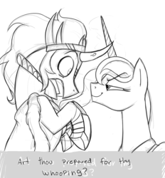 Size: 921x993 | Tagged: safe, artist:mickeymonster, king sombra, princess luna, g4, duo, imminent ass kicking, looking at each other, monochrome, simple background, sketch, smug, white background