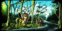 Size: 1264x632 | Tagged: dead source, safe, artist:auroriia, fluttershy, queen chrysalis, changeling, changeling queen, pegasus, pony, g4, dolphins, female, fluttermom, motherly, river, scenery, tree, water