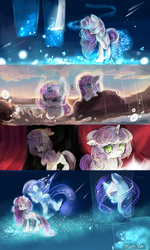 Size: 1024x1707 | Tagged: safe, artist:aquagalaxy, rarity, sweetie belle, g4, clothes, comic, crying, older, rain, sad, scarf