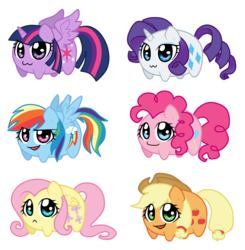 Size: 1600x1634 | Tagged: safe, artist:linamomoko, applejack, fluttershy, pinkie pie, rainbow dash, rarity, twilight sparkle, alicorn, pony, g4, chibi, female, mane six, mare, potato, simple background, transparent background, twilight sparkle (alicorn)