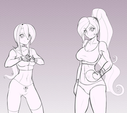 Size: 1280x1142 | Tagged: safe, artist:scorpdk, princess celestia, princess luna, human, g4, abs, alternate hairstyle, belly button, boxing gloves, choker, chokerluna, clothes, female, gloves, grin, high ponytail, humanized, long hair, looking at you, midriff, monochrome, muscles, ponytail, royal sisters, siblings, sisters, sketch, smiling, smiling at you, sports bra, underass