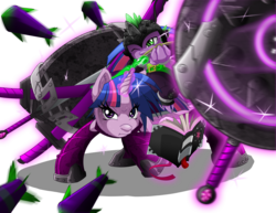 Size: 3300x2550 | Tagged: safe, artist:aloid19, spike, twilight sparkle, g4, armor, arrow, book, fight, glowing horn, high res, horn, magic, riding, shield, spike riding twilight, sweat, telekinesis, weapon