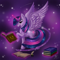 Size: 2835x2835 | Tagged: safe, artist:the-revered-dragon, twilight sparkle, alicorn, pony, g4, book, female, high res, magic, mare, solo, twilight sparkle (alicorn)