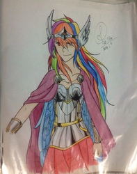 Size: 1936x2452 | Tagged: safe, artist:jujubesca, rainbow dash, human, g4, armor, cape, clothes, female, humanized, sky god, solo, thor