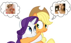 Size: 1000x604 | Tagged: safe, applejack, rarity, g4, apple, female, hug, lesbian, marshmallow, ship:rarijack, shipping, thought bubble