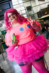Size: 684x1024 | Tagged: artist needed, safe, gummy, pinkie pie, human, g4, 2014, clothes, convention, cosplay, glasses, irl, irl human, nail polish, photo, sakura con, solo, tutu
