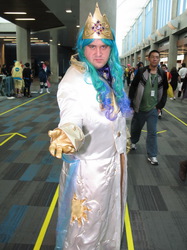 Size: 487x650 | Tagged: artist needed, safe, princess celestia, human, g4, 2014, clothes, convention, cosplay, crown, fanimecon, gloves, irl, irl human, photo, prince solaris, rule 63