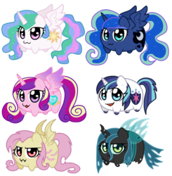 Size: 1600x1634 | Tagged: safe, artist:linamomoko, fluttershy, princess cadance, princess celestia, princess luna, queen chrysalis, shining armor, g4, chibi, flutterbat, potato, simple background, transparent background