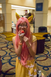 Size: 4602x6896 | Tagged: safe, artist:bunnygirl2190, fluttershy, bat pony, human, g4, absurd resolution, apple, babscon, babscon 2014, bat ponified, clothes, cosplay, costume, fangs, flutterbat, food, irl, irl human, open mouth, photo, race swap, solo