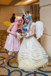 Size: 4108x6155 | Tagged: safe, artist:alakittynya, fluttershy, princess celestia, human, g4, absurd resolution, babscon, cosplay, irl, irl human, photo