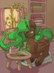 Size: 1471x2000 | Tagged: artist needed, source needed, safe, oc, oc only, oc:princess rosevine, alicorn, pony, alicorn oc, book, freckles, levitation, royalty, shelf, solo, table, tea, teacup, teapot, unshorn fetlocks