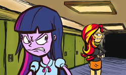 Size: 1173x700 | Tagged: safe, artist:coffeebanana, sunset shimmer, twilight sparkle, equestria girls, g4, humanized