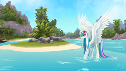 Size: 2560x1440 | Tagged: safe, artist:joellethenose, princess celestia, alicorn, pony, g4, female, flower, flower in hair, looking at you, mare, missing accessory, mountain, scenery, signature, smiling, solo, spread wings, standing, tree, tropical, wallpaper, water, wet mane, wings