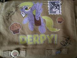 Size: 599x448 | Tagged: artist needed, safe, derpy hooves, princess celestia, pegasus, pony, trotcon, g4, 2013, autograph, bag, button, convention, customized toy, female, irl, mare, merchandise, messenger bag, pin, stamp, welovefine