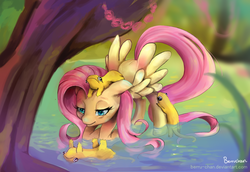 Size: 1024x705 | Tagged: safe, artist:berru-chan, fluttershy, salamander, g4, animal, female, solo, water