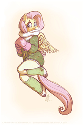 Size: 457x680 | Tagged: safe, artist:thezeo, fluttershy, anthro, g4, clothes, female, gloves, leg warmers, panting, scarf, solo, winter