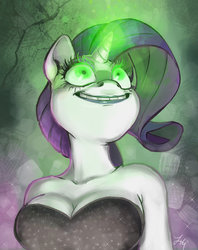 Size: 600x758 | Tagged: safe, artist:thezeo, rarity, anthro, g4, inspiration manifestation, breasts, bust, busty rarity, cleavage, corrupted, female, glowing eyes, glowing horn, horn, insanity, inspiraritits, inspirarity, lipstick, possessed, smiling, solo, strapless