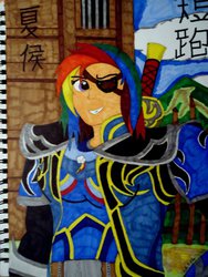 Size: 774x1032 | Tagged: safe, artist:jonpablo45, rainbow dash, human, g4, armor, chinese, clothes, costume, crossover, dynasty warriors, eyepatch, female, solo, xiahou dun