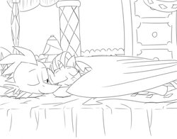 Size: 1008x792 | Tagged: safe, artist:verulence, rarity, spike, fanfic:like fine wine, g4, bed, eyes closed, fanfic, female, lineart, male, monochrome, older, ship:sparity, shipping, sleeping, straight, winged spike, wings
