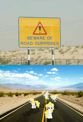 Size: 609x900 | Tagged: safe, surprise, pony, g1, ponies riding ponies, riding, road, traffic sign