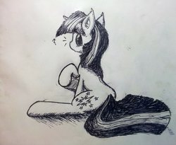 Size: 1200x984 | Tagged: safe, artist:pw211, twilight sparkle, g4, :o, female, looking at you, looking back, monochrome, paper, question mark, raised hoof, shading, sketch, solo, traditional art