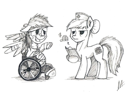 Size: 2380x1725 | Tagged: safe, artist:navigatoralligator, nurse redheart, rainbow dash, earth pony, pegasus, pony, g4, bandage, cast, clipboard, duo, female, grayscale, grin, hat, hoof hold, lineart, mare, monochrome, nervous, nervous smile, nurse hat, sitting, smiling, unamused, wheelchair