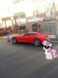 Size: 1536x2048 | Tagged: safe, sweetie belle, g4, car, corvette, corvette c7, irl, photo, ponies in real life, sunglasses