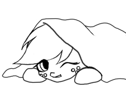 Size: 600x450 | Tagged: safe, artist:golden-redhead, applejack, g4, blanket, cute, female, freckles, hiding, jackabetes, monochrome, one eye closed, prone, solo