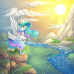 Size: 1024x1024 | Tagged: safe, artist:katemaximova, princess celestia, g4, female, scenery, solo, sun