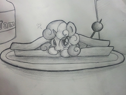 Size: 1280x960 | Tagged: safe, artist:pw211, sweetie belle, g4, female, monochrome, pencil drawing, sandwich, solo, traditional art