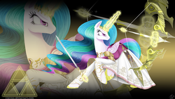 Size: 1920x1080 | Tagged: safe, artist:ciscoql, princess celestia, arrow, bow (weapon), bow and arrow, clothes, cosplay, costume, crossover, dress, female, frown, glare, hyrule warriors, looking back, magic, princess zelda, raised hoof, solo, sword, telekinesis, the legend of zelda, triforce, wallpaper, warrior celestia, weapon, zoom layer