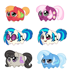 Size: 1600x1634 | Tagged: safe, artist:linamomoko, big macintosh, cheerilee, dj pon-3, octavia melody, trixie, vinyl scratch, earth pony, pony, unicorn, g4, backwards cutie mark, chibi, male, potato, simple background, stallion, transparent background