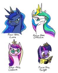 Size: 1216x1536 | Tagged: safe, artist:snapai, princess cadance, princess celestia, princess luna, twilight sparkle, alicorn, pony, g4, alicorn tetrarchy, book, cute, female, for dummies, glasses, mare, pince-nez, pun, reading, tongue out, twilight sparkle (alicorn)