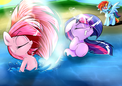 Size: 1280x896 | Tagged: safe, artist:madacon, pinkie pie, rainbow dash, twilight sparkle, earth pony, pegasus, pony, unicorn, g4, beach, blushing, ear fluff, eyes closed, female, floppy ears, frown, grin, lesbian, mare, one eye closed, shiny, ship:pinkiedash, ship:twidash, shipping, smiling, swimming, trio, watching, water, wet, wet mane, wide eyes, wingboner, wink