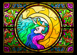 Size: 5599x3999 | Tagged: safe, artist:cigitia, princess celestia, g4, crown, female, modern art, nouveau, praise the sun, sad, solo, stained glass, sun