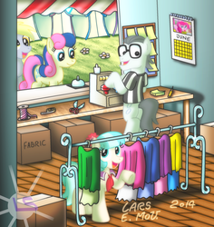 Size: 1930x2045 | Tagged: safe, artist:lars99, bon bon, coco pommel, derpy hooves, pinkie pie, silver shill, sweetie drops, earth pony, pegasus, pony, g4, calendar, cash register, clothes, cocoshill, female, male, mare, shipping, shop, stallion, straight, working