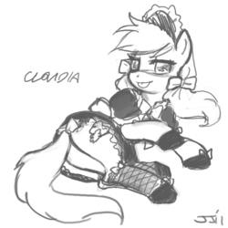 Size: 900x900 | Tagged: safe, artist:johnjoseco, oc, oc only, oc:cloudia, pony, blushing, bow, butt, clothes, female, fishnet stockings, grayscale, looking at you, maid, mare, monochrome, plot, ponysona, solo, tail, tail bow, tongue out