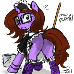 Size: 700x700 | Tagged: safe, artist:johnjoseco, oc, oc only, oc:poppin, pony, unicorn, blushing, butt, clothes, female, fishnet stockings, maid, mare, plot, ponysona, solo