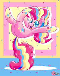 Size: 797x1000 | Tagged: safe, artist:clouddg, pinkie pie, earth pony, pony, g4, balancing, female, leg fluff, prehensile tail, rainbow power, solo, tail stand