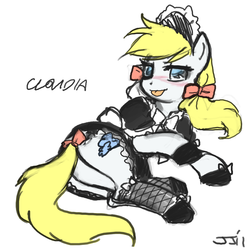 Size: 900x900 | Tagged: safe, artist:johnjoseco, oc, oc only, oc:cloudia, pony, blushing, bow, butt, clothes, female, fishnet stockings, maid, mare, plot, ponysona, solo, tail, tail bow, tongue out