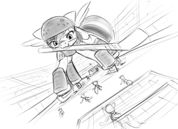 Size: 1286x936 | Tagged: safe, artist:alloyrabbit, rainbow dash, g4, giantess, hockey, macro, monochrome, stadium