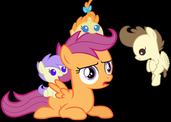Size: 1024x731 | Tagged: safe, artist:3d4d, cream puff, pound cake, pumpkin cake, scootaloo, earth pony, pegasus, pony, unicorn, g4, baby, baby pony, brother and sister, cake twins, colt, creambetes, cute, female, filly, foal, foalsitter, foalsitting, male, nom, poundabetes, pumpkinbetes, scootalove, siblings, twins