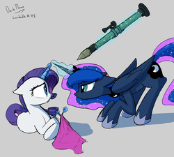 Size: 1400x1258 | Tagged: safe, artist:darkflame75, princess luna, rarity, lunadoodle, g4, bedroom eyes, context is for the weak, disproportionate retribution, duo, eye contact, floppy ears, frown, glare, imminent murder-suicide, knitting, magic, prone, rocket launcher, rpg (weapon), rpg-7, smiling, smug, telekinesis, this will end in tears and/or death, weapon, wide eyes