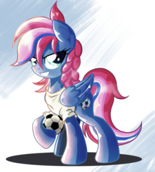 Size: 1380x1536 | Tagged: safe, artist:ruhisu, oc, oc only, pegasus, pony, ball, clothes, cutie mark, football, gift art, grimace, smiling, solo, standing, t-shirt