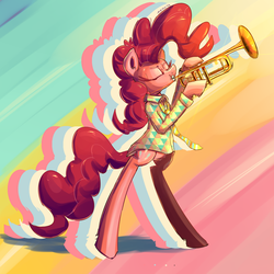 Size: 1400x1400 | Tagged: safe, artist:senx, pinkie pie, earth pony, pony, g4, bipedal, clothes, female, musical instrument, necktie, solo, trumpet