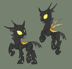 Size: 942x900 | Tagged: safe, artist:carnifex, oc, oc only, changeling, changeling oc, fangs, flying, green background, honeycomb hive, open mouth, raised hoof, raised leg, simple background, smiling, yellow changeling