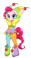 Size: 400x733 | Tagged: safe, artist:mugijiru, pinkie pie, pony, g4, bipedal, clothes, cute, diapinkes, female, jester, jester pie, open mouth, simple background, solo, white background